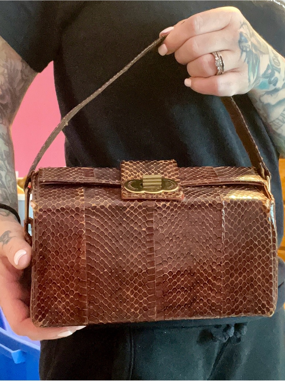 Vintage REAL Cobra Snakeskin Box Handbag with Top Handle
